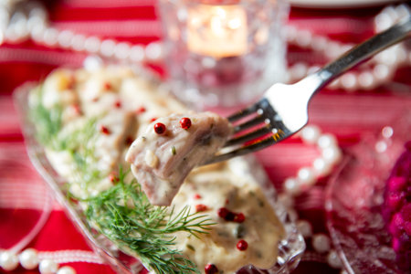Festive fish table with gubbrora salad - traditional Swedish starter dish with fish. Celebration delicaciesの写真素材