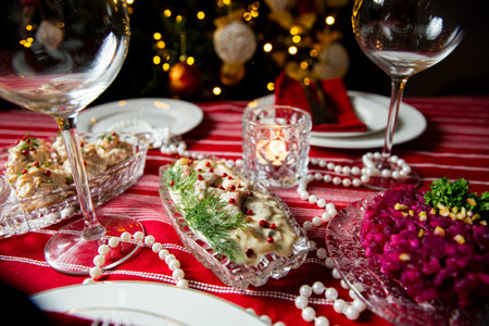 Festive fish table with gubbrora salad - traditional Swedish starter dish with fish. Celebration delicaciesの写真素材