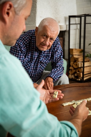 A grown son and his elderly father enjoy a quiet game of dominoes in the living room, sharing connection, laughter, and meaningful time together.の写真素材