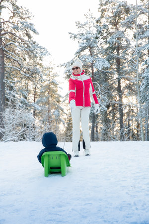 Healthy grandmother enjoys winter outdoors, joyfully pulling toddler on sled, embracing family love,...