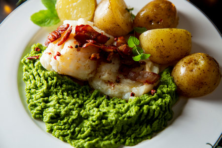 Traditional Christmas lutefisk dinner with pea puree, potatoes and bacon, served on porcelain plate...