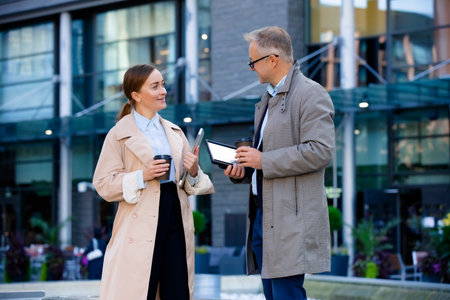 Happy business partners connect outdoors. Diverse professionals discuss work in an urban setting. Authentic collaboration and trust.の写真素材