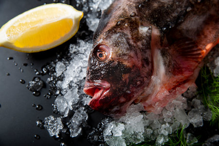 Fresh raw lumpfish on ice with dill and lemon wedge on black background. High-quality seafood...