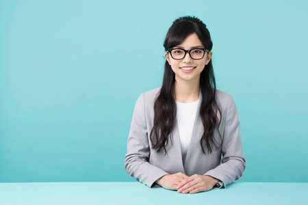 A woman smiling at a deskの写真素材