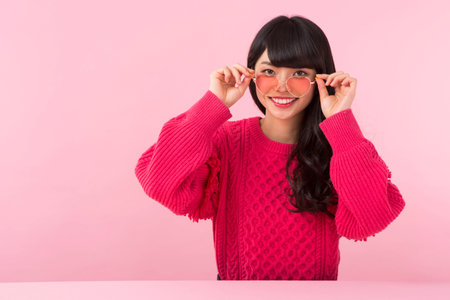 A woman with heart shaped glassesの写真素材