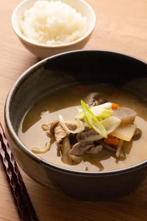 Japanese miso soup with pork and rice - japanese food styleの写真素材