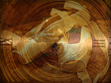 time for ballet,a digital image created by myself of a pretty pair of satin ballet shoes with an overlay of an old clock in sepiaの写真素材