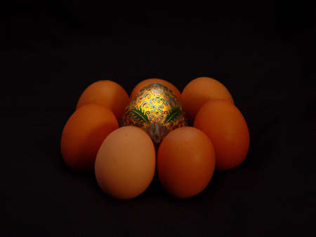 Golden egg with half dozen organic eggs.の写真素材
