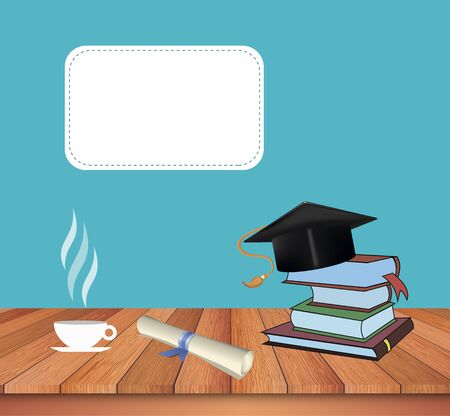 On the floor are many books, as well as a cap graduate of the college.のイラスト素材