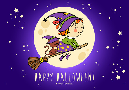 Halloween vector card with funny witch and her cat on a broomstick flying in front of the moon . Bright holiday background in vector.のイラスト素材