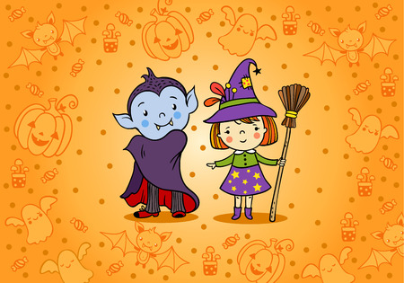 Halloween card with cartoon vampire and witch.のイラスト素材