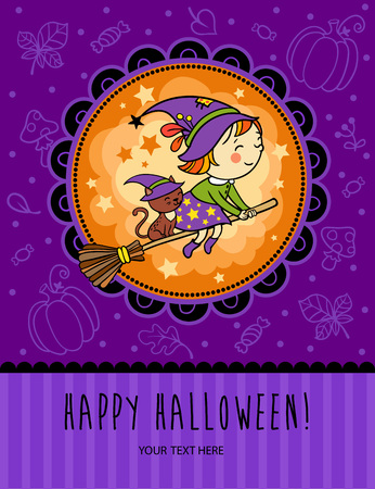 Halloween vector card with funny witch flying over the moon.のイラスト素材
