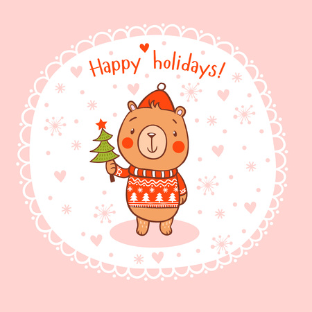 Cartoon holiday card with bear in vector.のイラスト素材