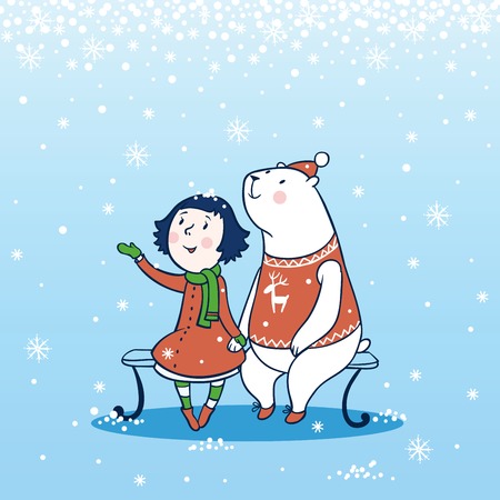 Girl and a bear sitting on a bench in winter.のイラスト素材