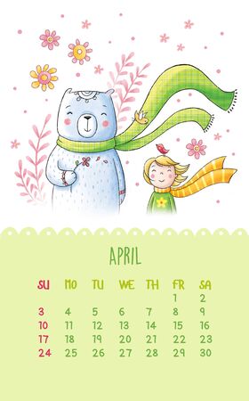 April. Cartoon illustration with girl, bear and flowers. Can be used like happy birthday cards.の写真素材