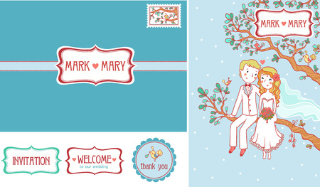 Wedding invitation.Background with a boy and a girl sitting on a cloud. Wedding Set. Set of wedding invitation cards.のイラスト素材