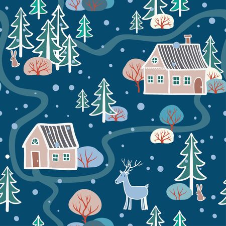 Seamless background illustration on a Christmas theme with deer and house.のイラスト素材