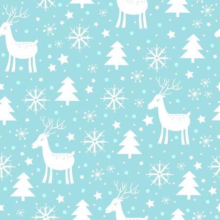 Christmas and New Year background with tree, deer and snowflakes in blue colors.のイラスト素材