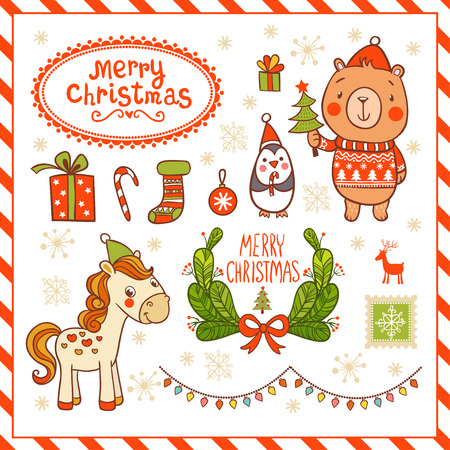 Set of Christmas and New Year's graphic elements with horse, penguin, bear.のイラスト素材