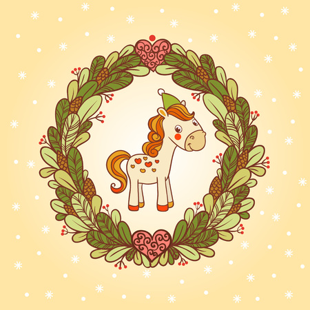 Greeting card with a festive wreath and horse.のイラスト素材