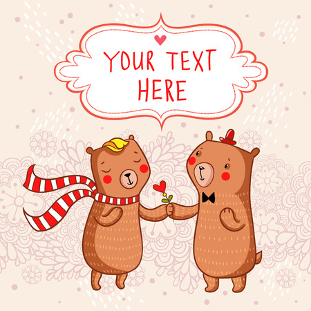 Romantic cartoon background with funny bears in love.のイラスト素材