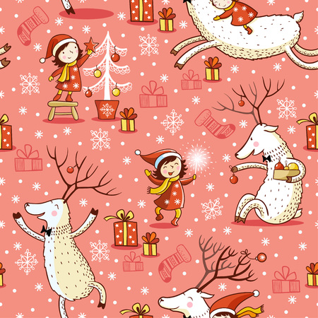 Vector seamless illustration of Christmas in the style of a girl and a deer.のイラスト素材