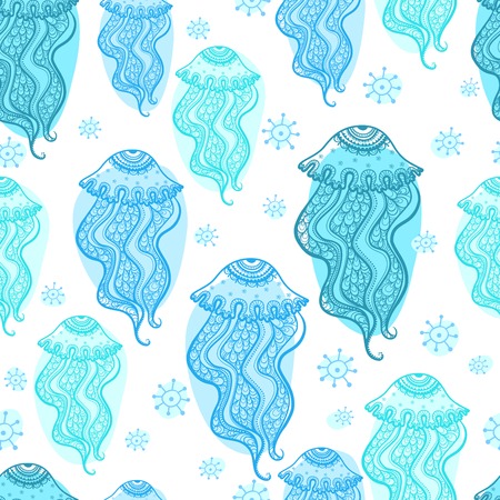 Vector seamless illustration of blue jellyfish on a white background.のイラスト素材