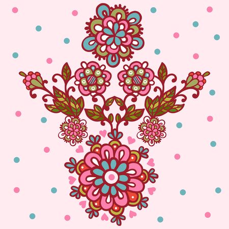 Vector illustration of colorful flower and peas on a pink background and a girl on a violet background.のイラスト素材