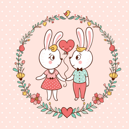 Bunny Love Invitation. Vector illustration with bunnies on a pink background. Perfect solution for a card on Valentine's Day.のイラスト素材