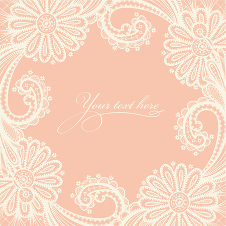 Card with a white lace. Vector illustration with lace flowers on a beige background and place for your text.のイラスト素材