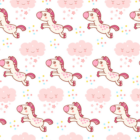 Baby cute pattern. Seamless pattern with with horses and clouds in cartoon vector.のイラスト素材