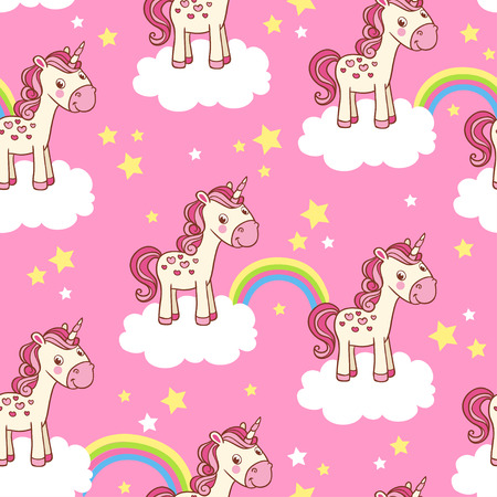 Vector childish background for girl. Vector seamless with cartoon illustration of horses in the clouds with a rainbow on a pink background.