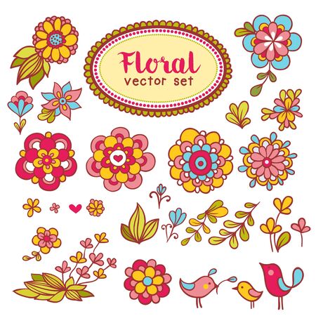 Set of flowers and birds. Vector set with flowers and birdsのイラスト素材