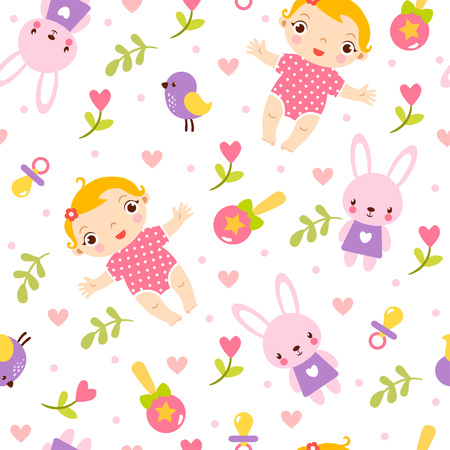 Seamless girl baby pattern. seamless illustration of a child, a hare and a flower on a white background.のイラスト素材