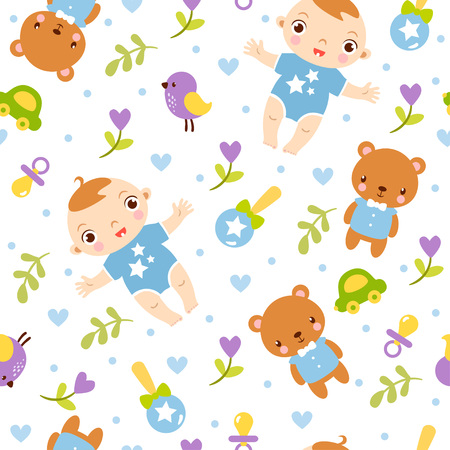 seamless illustration on the theme of children's toys and child on a white background.のイラスト素材