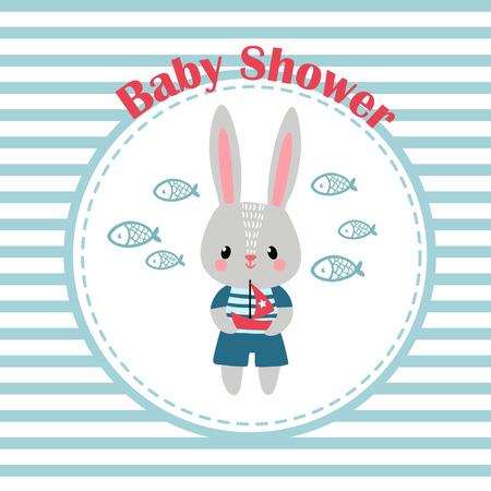 Illustration of twins bunny with a ship, marine decorations.のイラスト素材