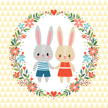 Greeting card with two Rabbits in a floral frame.のイラスト素材