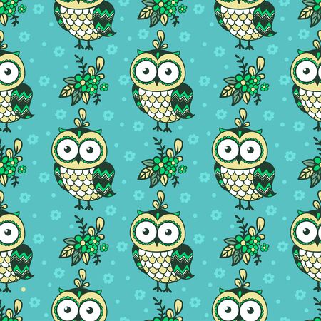 seamless illustration of a cute owl on a green background.のイラスト素材