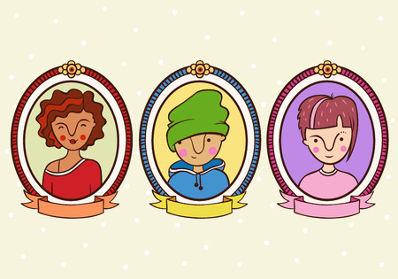 Children portrait in a frame. Color background with a boy and girl. Set.のイラスト素材