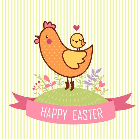 Happy Easter Card. Cartoon easter hen with chicken. Happy Easter Card.のイラスト素材