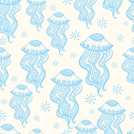 Jellyfish.Seamless pattern with jellyfish .color marine seamless pattern, endless texture of sea world. can be used for wallpaper, pattern fills, web page background,surface textures.のイラスト素材