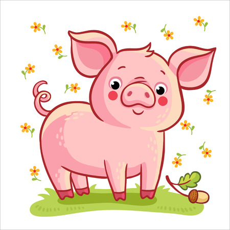 Vector illustration of pig and acorn on a white background with flowers.のイラスト素材