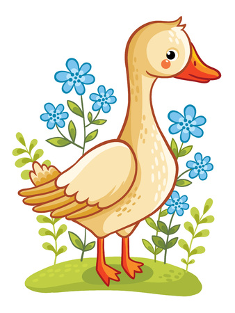 Vector illustration of a goose on a floral lawn.のイラスト素材