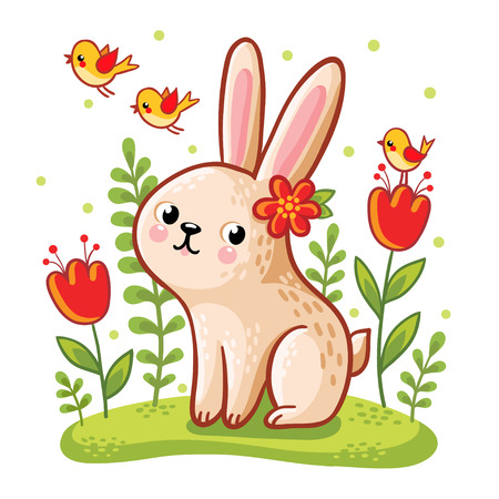 Vector illustration of a hare on a floral lawn on a white background with birds.のイラスト素材