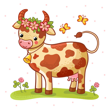 Cartoon cow that stands on a lawn with flowers and butterflies.のイラスト素材
