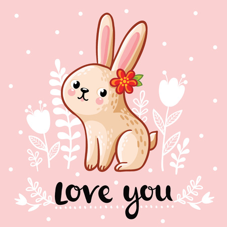 Vector illustration of a cute rabbit on a pink floral background.のイラスト素材