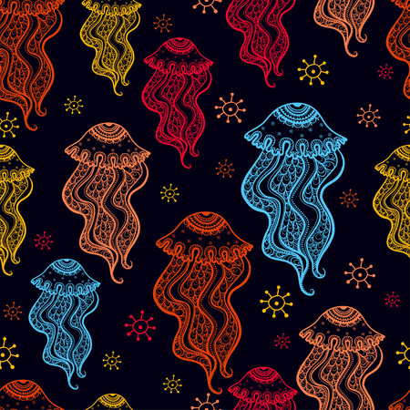 Seamless pattern with jellyfish. Color marine seamless pattern, endless texture of sea world.のイラスト素材
