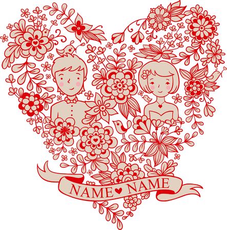 Wedding heart with flowers and birds. The bride and groom. Romantic floral wedding invitation in vector. Cute marriage.のイラスト素材