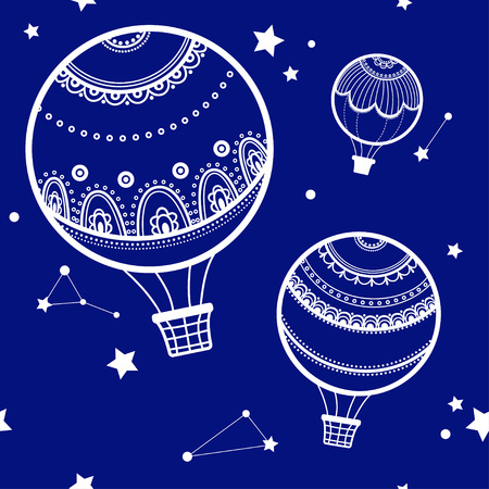 Background with hot air balloons, night and hot air balloons. Vector illustration of hot air balloons, the starry sky.のイラスト素材