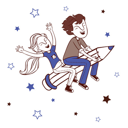 Boy and girl flying on a pencil. Background back to school. Cartoon illustration with children.のイラスト素材